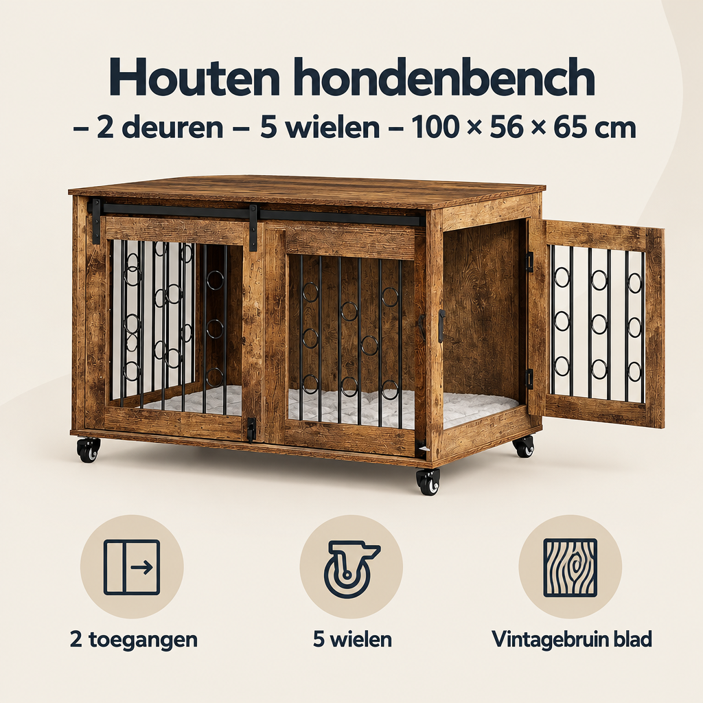 Overzicht van houten hondenbench met de belangrijkste productvoordelen