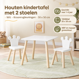Houten kindertafelset met 2 witte stoelen en kroonrugleuningen, afmetingen 50x50 cm, door BukkitBow.