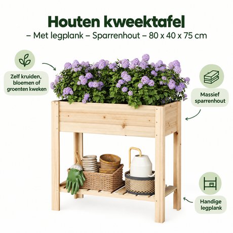 Houten kweektafel van BukkitBow met legplank, gemaakt van sparrenhout, afmetingen 80 x 40 x 75 cm, geschikt voor tuinieren.