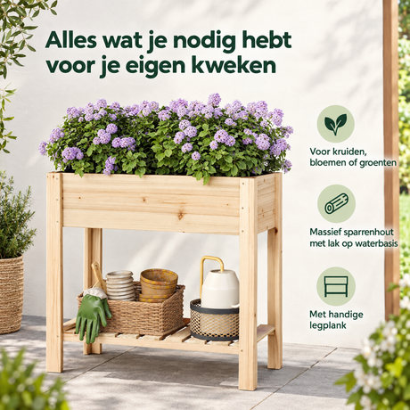 Houten kweektafel van BukkitBow met legplank, gemaakt van sparrenhout, afmetingen 80x40x75 cm, geschikt voor tuinieren.