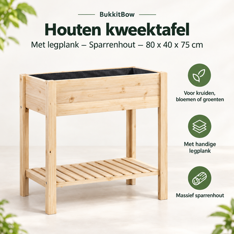 Houten kweektafel van BukkitBow met legplank, gemaakt van sparrenhout, afmetingen 80 x 40 x 75 cm, overzicht van kernvoordelen.