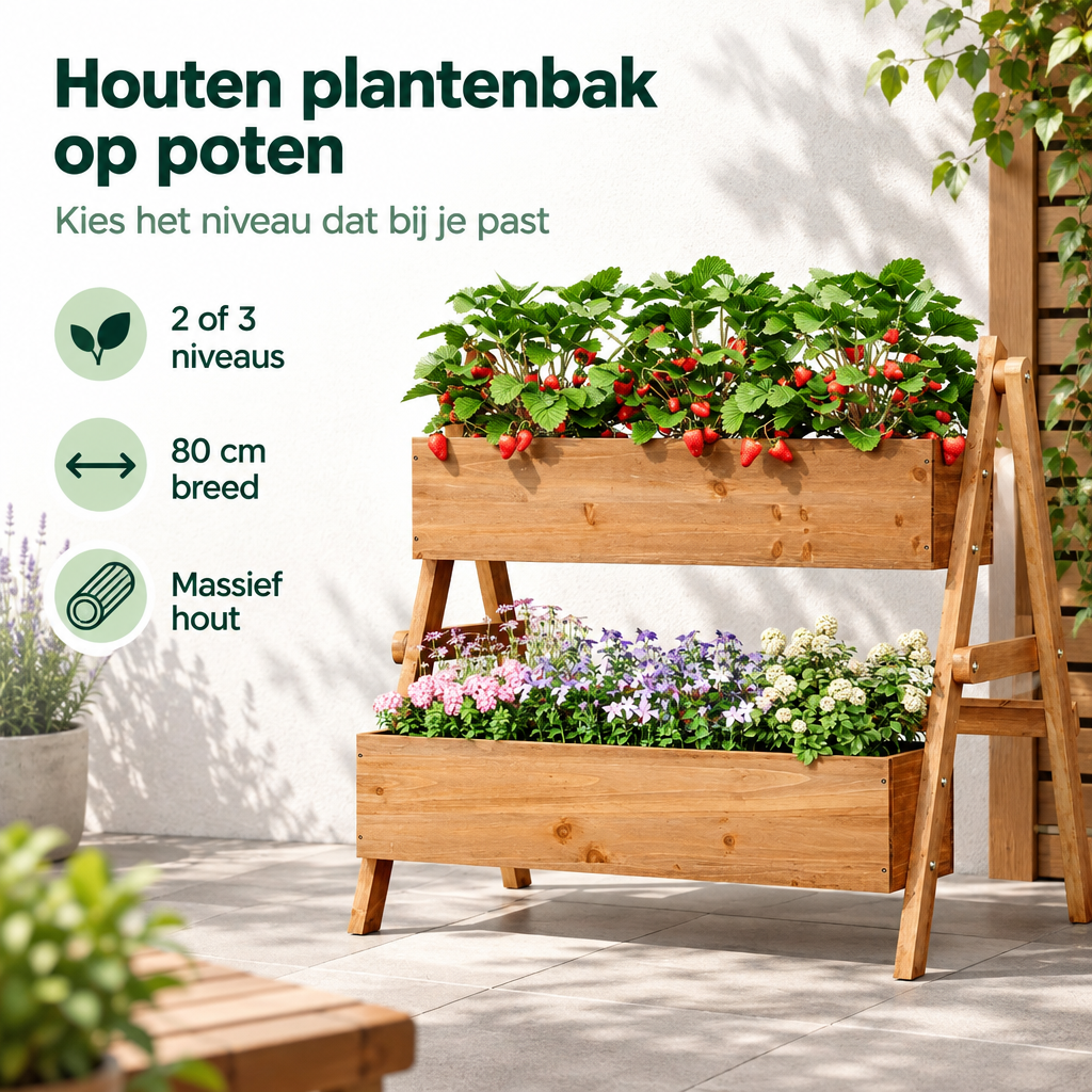 Houten plantenbak op poten met 2 of 3 niveaus, massief hout, 80 cm breed, geschikt voor tuin of terras, door BukkitBow.