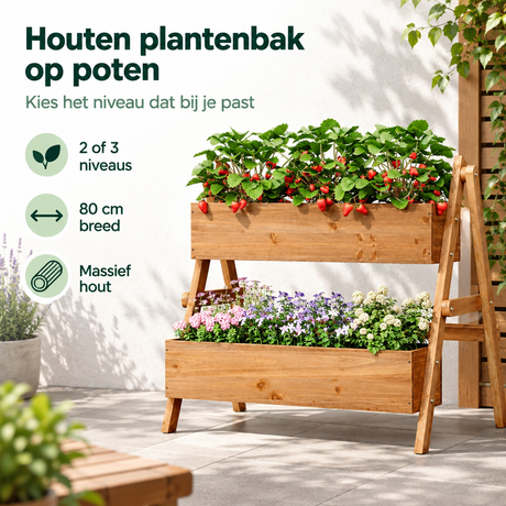 Houten plantenbak op poten met 2 of 3 niveaus, massief hout, 80 cm breed, geschikt voor tuin of terras, door BukkitBow.