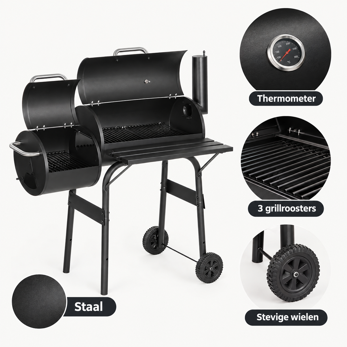 Detail van materiaal en afwerking van houtskoolbarbecue met smoker