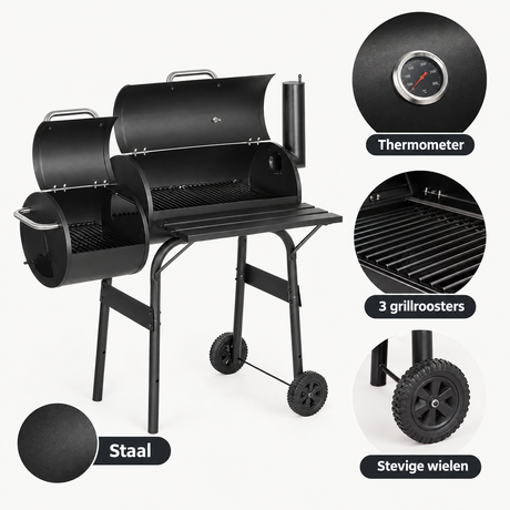 Detail van materiaal en afwerking van houtskoolbarbecue met smoker