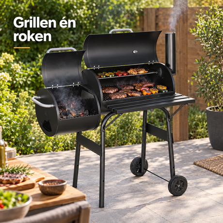 houtskoolbarbecue met smoker in gebruik in een passende praktijksituatie