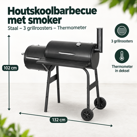 Afmetingen en productspecificaties van houtskoolbarbecue met smoker