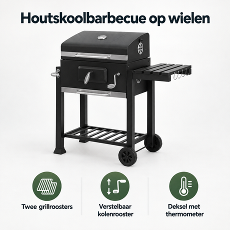 Overzicht van houtskoolbarbecue op wielen met de belangrijkste productvoordelen