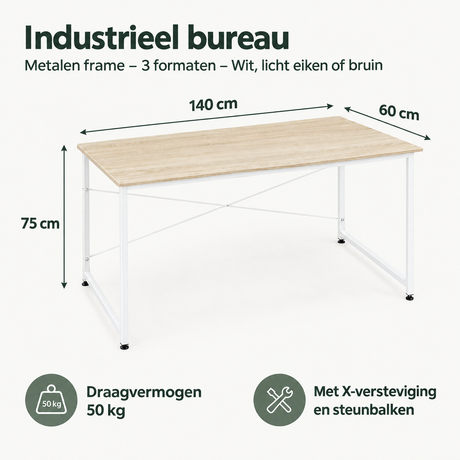 Afmetingen en productspecificaties van industrieel bureau