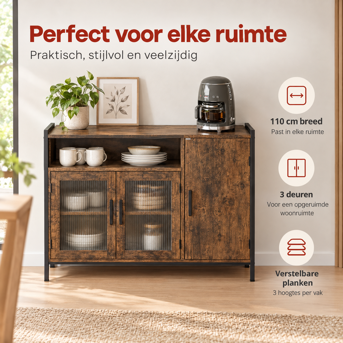 Industrieel dressoir van BukkitBow, 110 cm breed met bruine houtlook en verstelbare planken, praktische opbergoplossing.