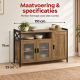 Industrieel dressoir van BukkitBow, 110 cm breed met verstelbare planken en bruine houtlook, geschikt voor moderne interieurs.