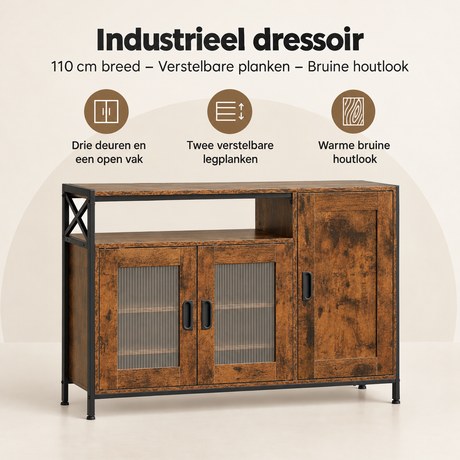 Industrieel dressoir van BukkitBow, 110 cm breed, met verstelbare planken en bruin houtlook, overzicht van kernvoordelen