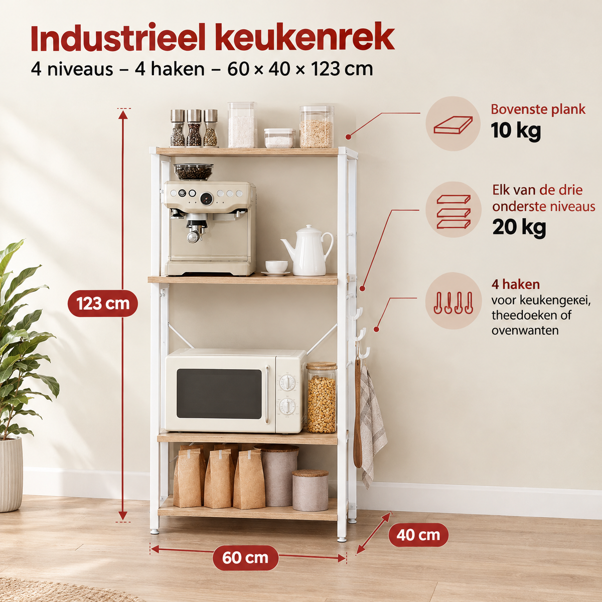 Afmetingen en productspecificaties van industrieel keukenrek