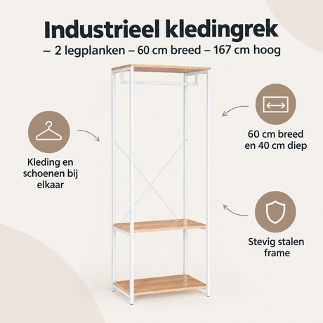 Overzicht van industrieel kledingrek met de belangrijkste productvoordelen