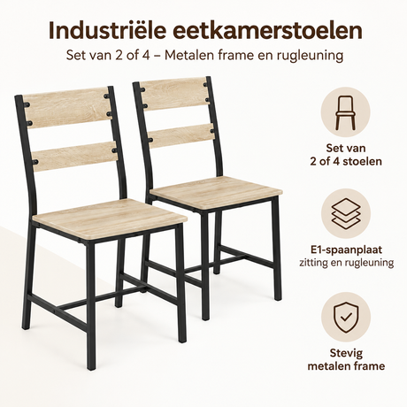 Industriële eetkamerstoelen van BukkitBow met metalen frame en rugleuning, set van 2 of 4 in een moderne eetkamer.