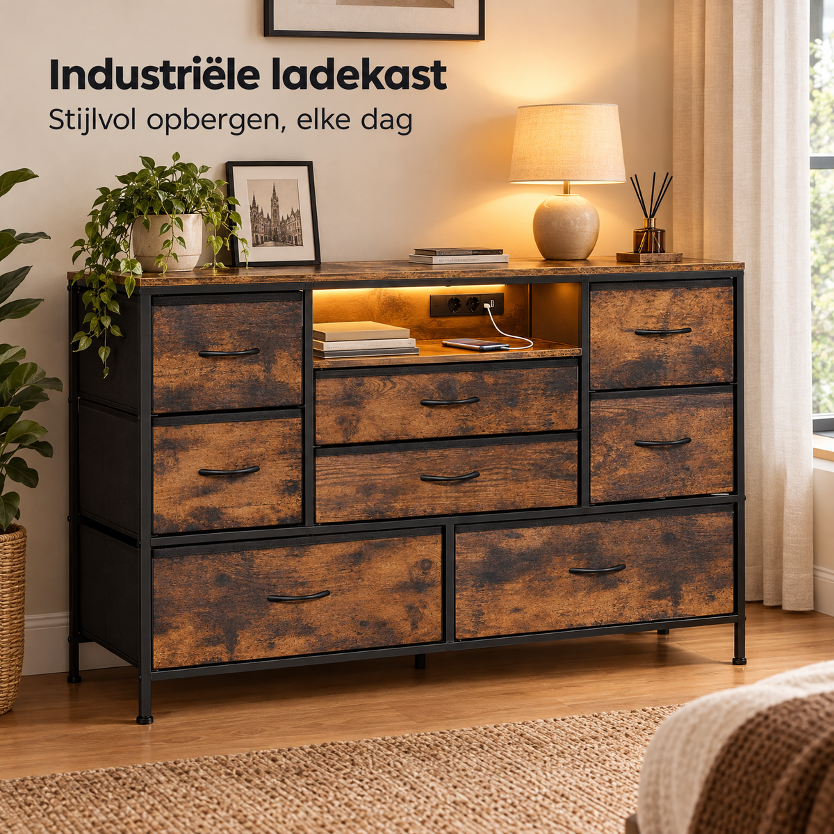 Industriële BukkitBow ladekast met 8 stoffen laden, 120 cm breed, inclusief stopcontacten en LED-verlichting, in een moderne werkruimte.