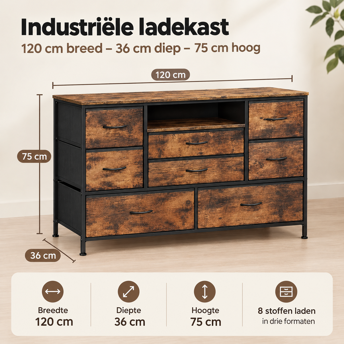 Industriële BukkitBow ladekast met 8 stoffen laden, 120 cm breed, voorzien van stopcontacten en ledverlichting.