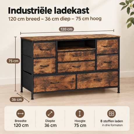 Industriële BukkitBow ladekast met 8 stoffen laden, 120 cm breed, voorzien van stopcontacten en ledverlichting.