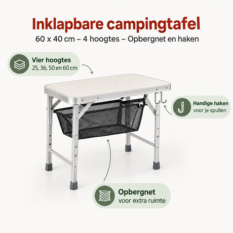 Inklapbare campingtafel van BukkitBow, 60x40 cm, met vier hoogtes, opbergnet en haken voor kampeerplezier.