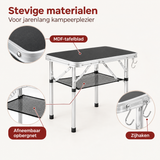 Inklapbare campingtafel van BukkitBow met 60x40 cm oppervlak, 4 hoogtes, opbergnet en haken, gemaakt van duurzaam materiaal