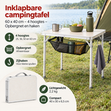 Inklapbare Campingtafel van BukkitBow, 60x40 cm, met opbergnet, haken en 4 hoogtes voor gemak tijdens kampeeractiviteiten.