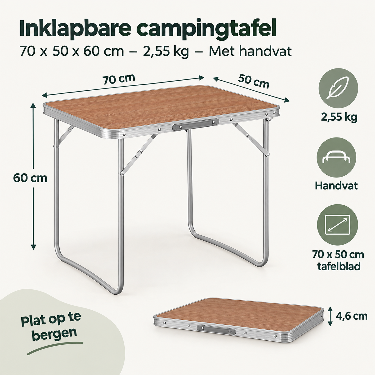 Inklapbare campingtafel van BukkitBow, 70x50x60 cm, lichtgewicht van 2,55 kg met handvat, geschikt voor outdoor kamperen.