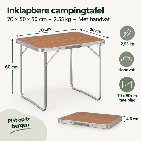 Inklapbare campingtafel van BukkitBow, 70x50x60 cm, lichtgewicht van 2,55 kg met handvat, geschikt voor outdoor kamperen.