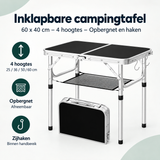 Inklapbare campingtafel van BukkitBow, 60x40 cm, met 4 hoogtes, opbergnet en haken voor gemakkelijke campinggebruik.