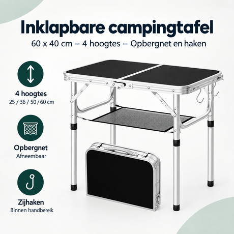 Inklapbare campingtafel van BukkitBow, 60x40 cm, met 4 hoogtes, opbergnet en haken voor gemakkelijke campinggebruik.