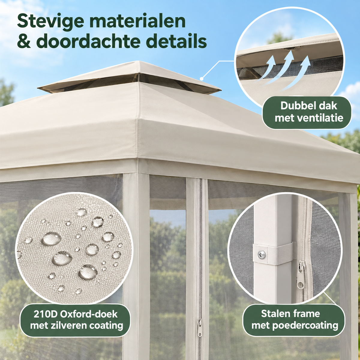 Detail van materiaal en afwerking van inklapbare partytent 3x3