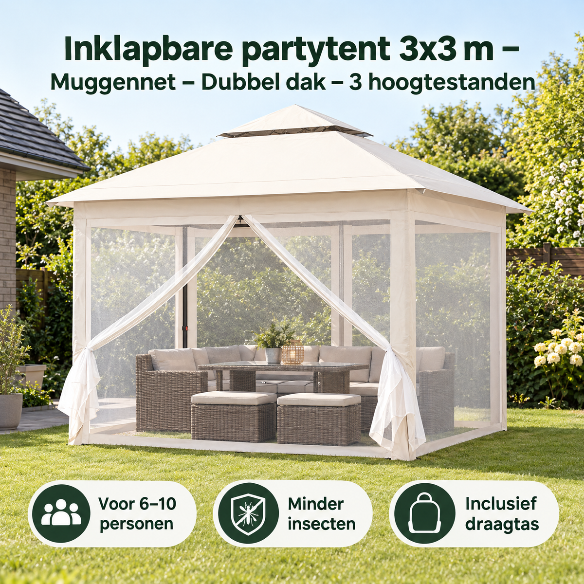 Praktische toepassing en keuzehulp voor inklapbare partytent 3x3