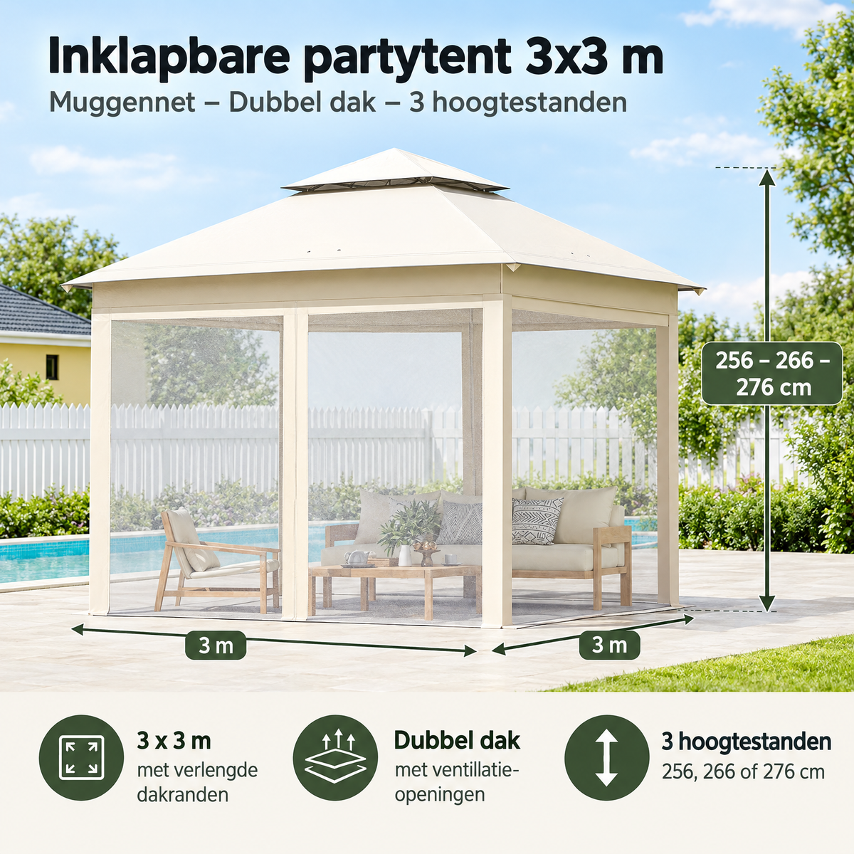 Afmetingen en productspecificaties van inklapbare partytent 3x3