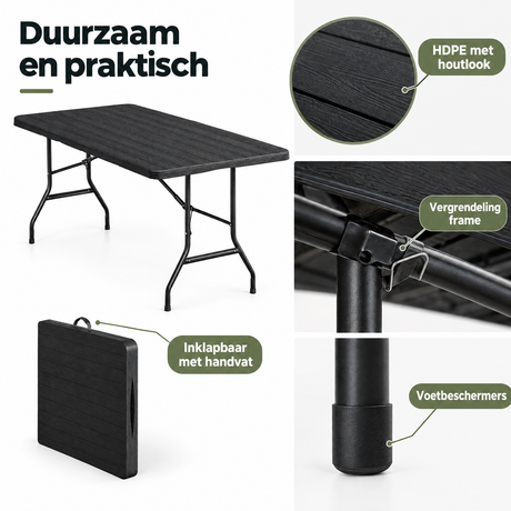 Detail van materiaal en afwerking van inklapbare tuintafel 180 cm