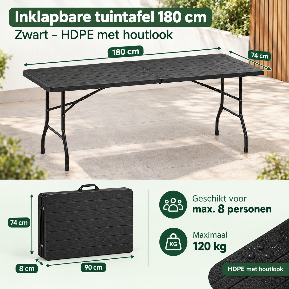 Afmetingen en productspecificaties van inklapbare tuintafel 180 cm