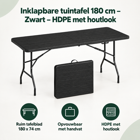 Overzicht van inklapbare tuintafel 180 cm met de belangrijkste productvoordelen