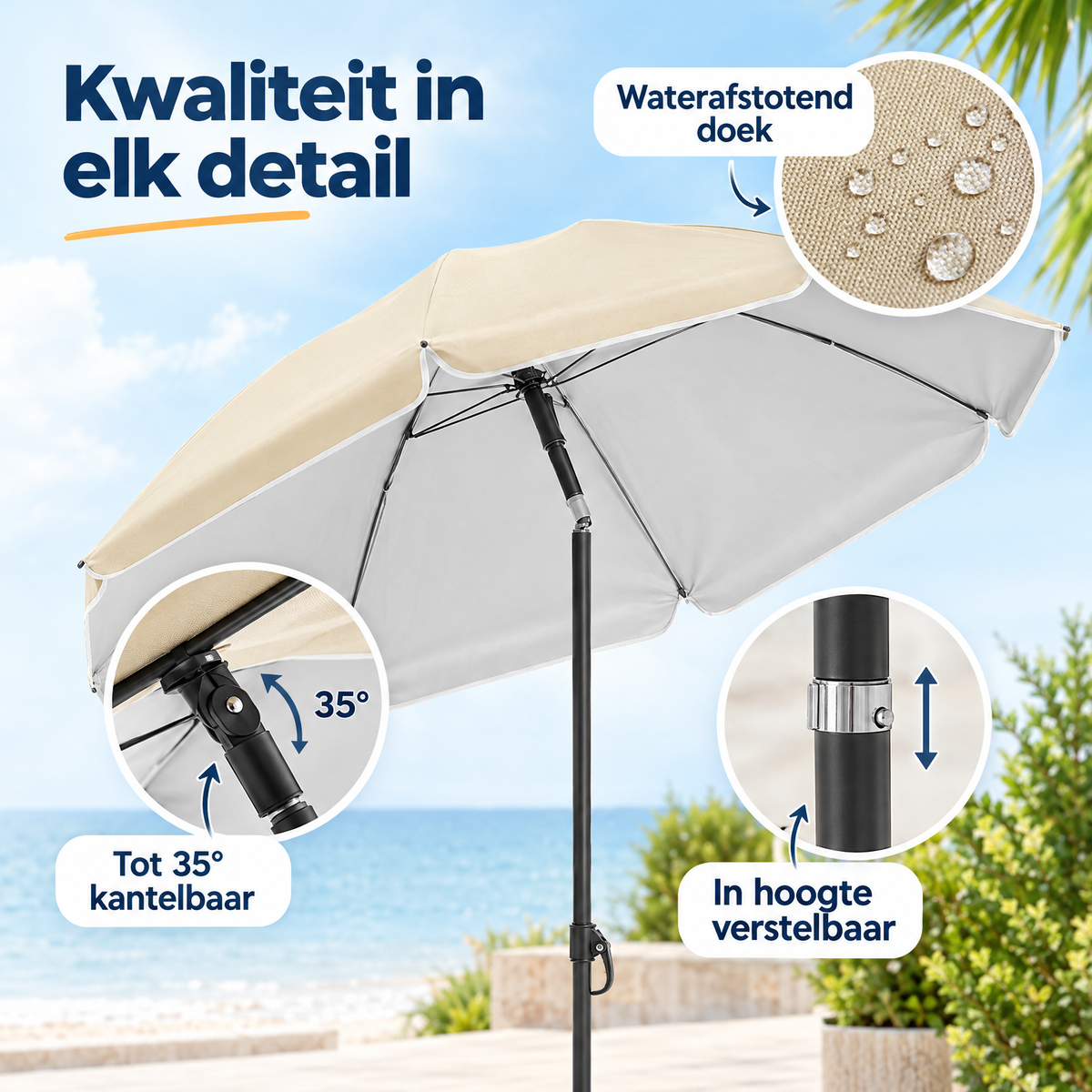Detail van materiaal en afwerking van kantelbare parasol