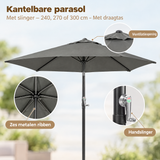 Detail van materiaal en afwerking van kantelbare parasol