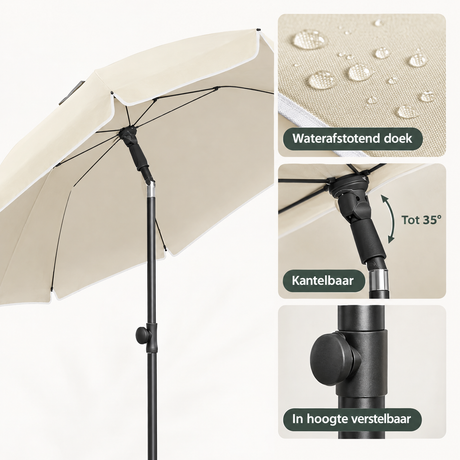Detail van materiaal en afwerking van kantelbare parasol