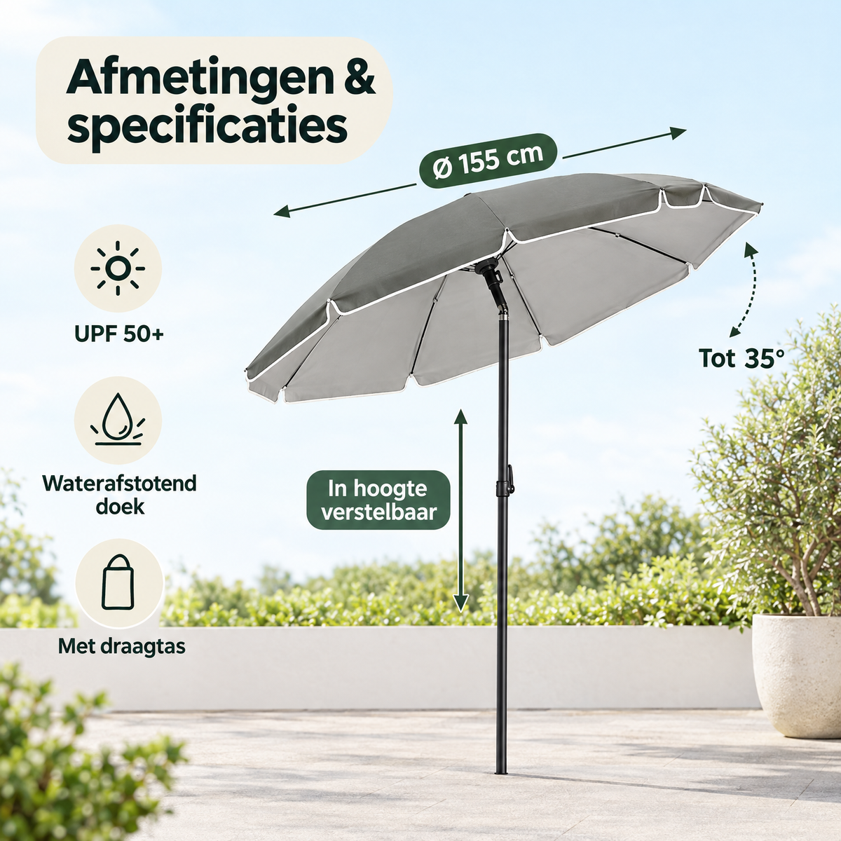 Afmetingen en productspecificaties van kantelbare parasol