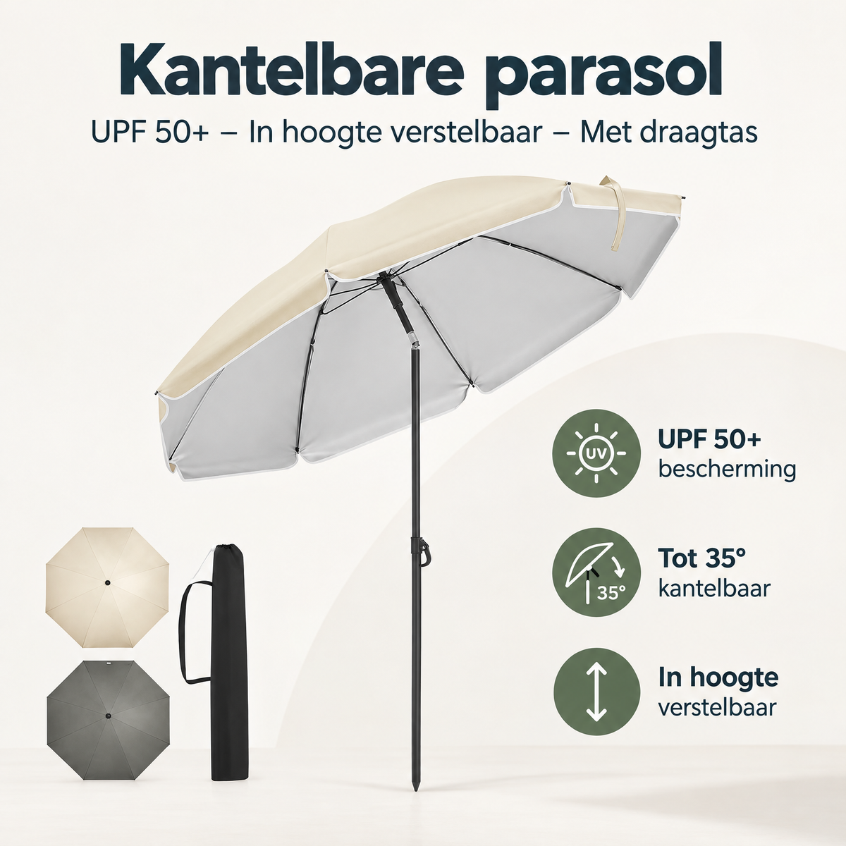 Overzicht van kantelbare parasol met de belangrijkste productvoordelen