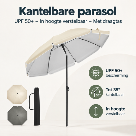 Overzicht van kantelbare parasol met de belangrijkste productvoordelen