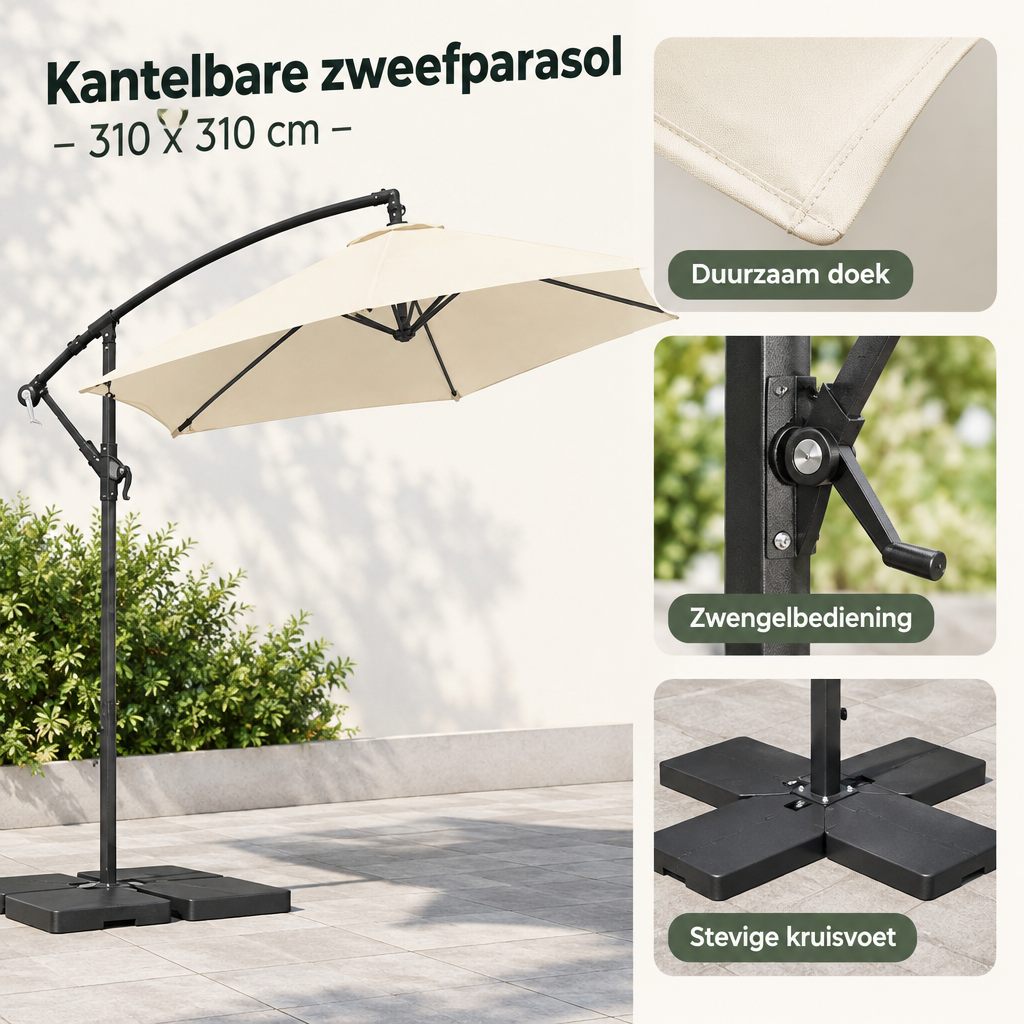Detail van materiaal en afwerking van kantelbare zweefparasol