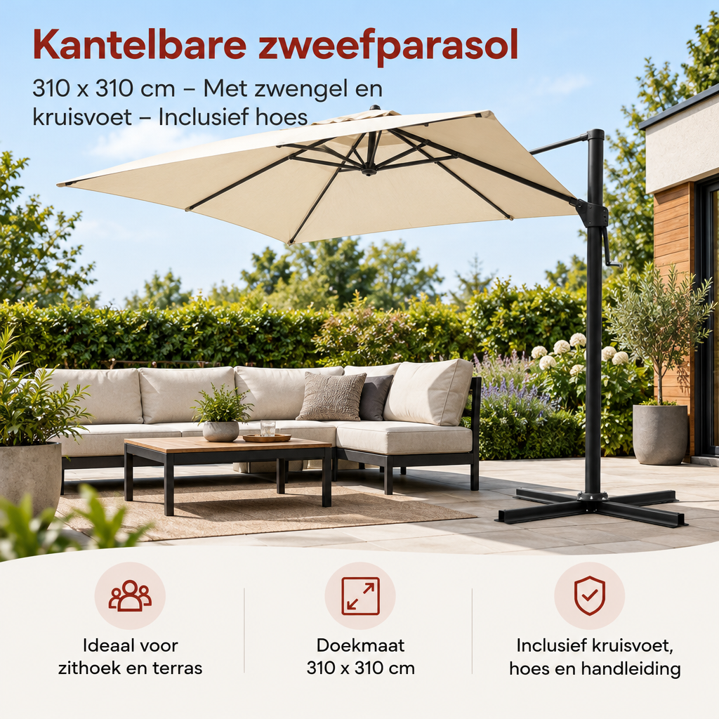 Praktische toepassing en keuzehulp voor kantelbare zweefparasol