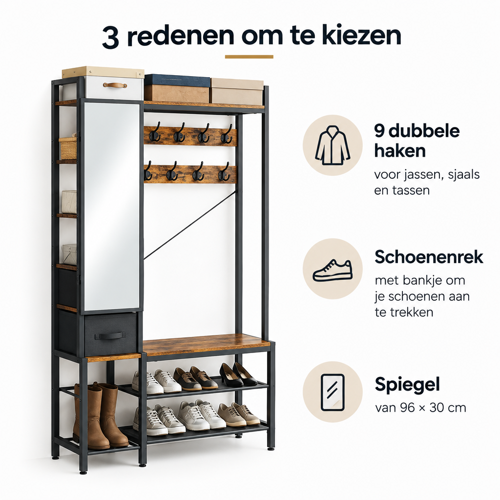 Belangrijkste voordelen en eigenschappen van kapstok met schoenenrek