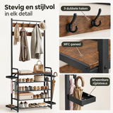 Detail van materiaal en afwerking van kapstok met schoenenrek