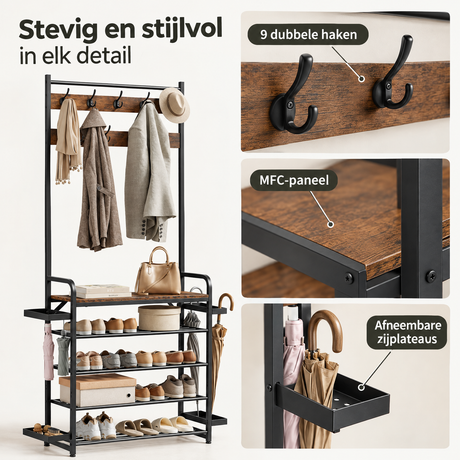 Detail van materiaal en afwerking van kapstok met schoenenrek
