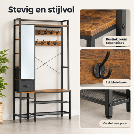 Detail van materiaal en afwerking van kapstok met schoenenrek
