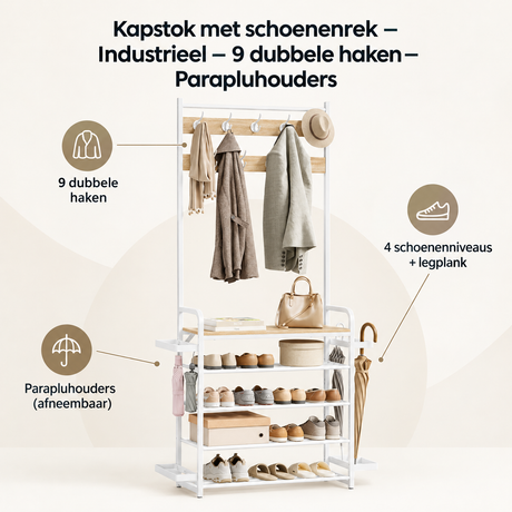 Overzicht van kapstok met schoenenrek met de belangrijkste productvoordelen