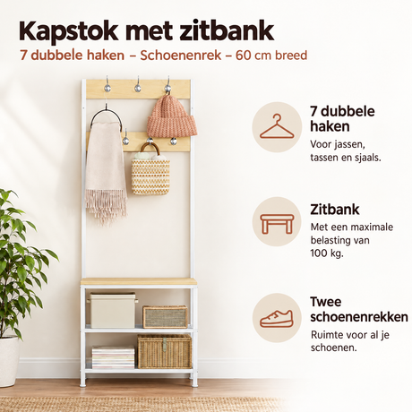 Belangrijkste voordelen en eigenschappen van kapstok met zitbank