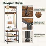 Detail van materiaal en afwerking van kapstok met zitbank